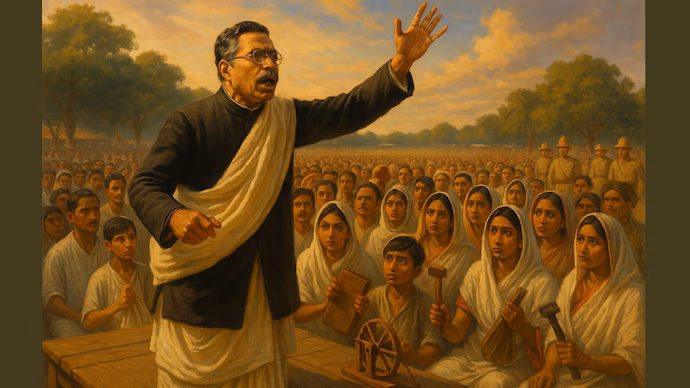 Painted illustration of a bespectacled man in a dark coat and white dhoti speaking from a wooden platform with one arm raised, before a seated crowd of men, women and children, some holding a spinning wheel and tools, with uniformed figures at the rear.